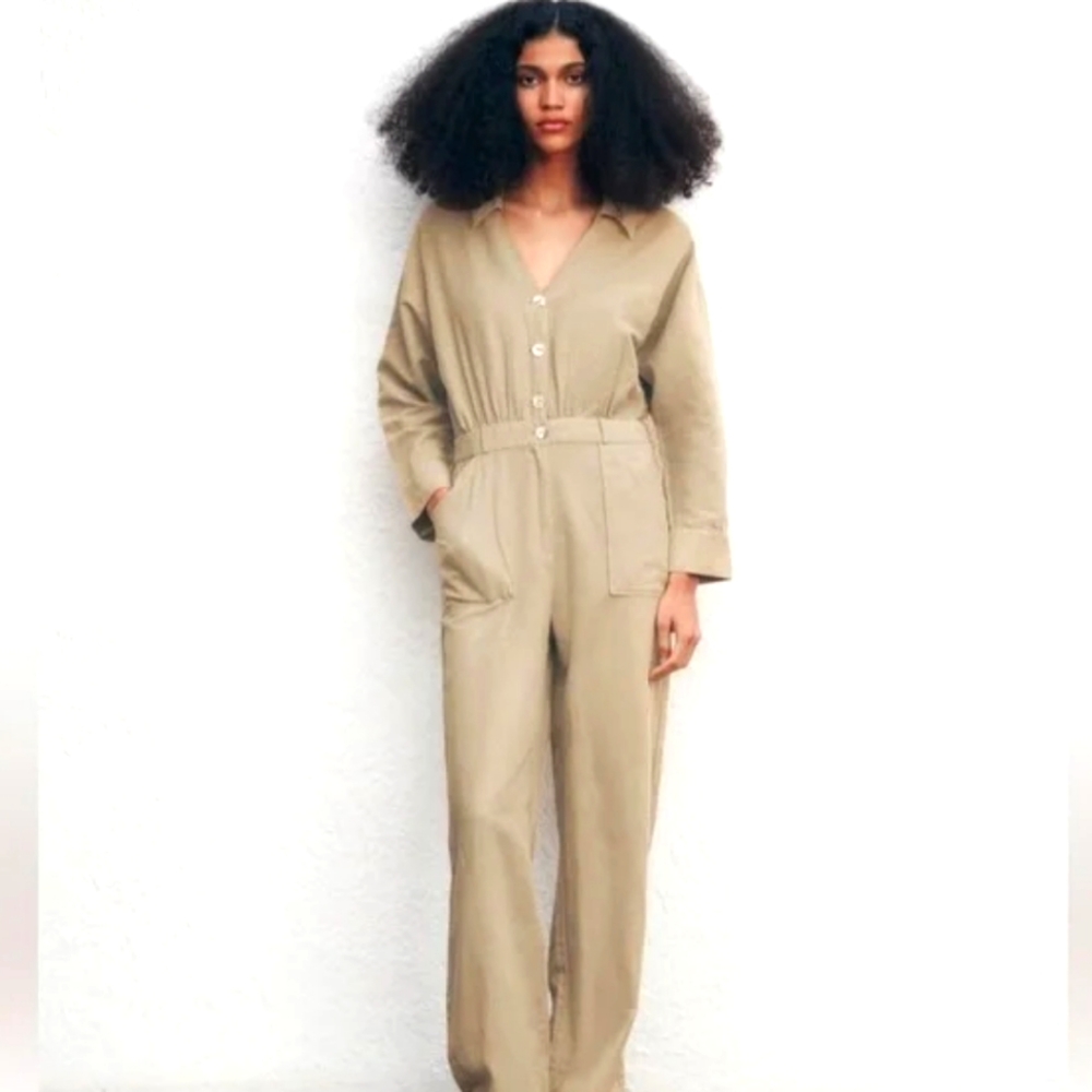 ZARA LINEN BLEND LONG JUMPSUIT SAND - REF 3211/716